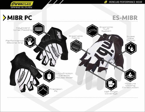 Pro Grade MIBR PC Gaming Gloves With Precision Fit And Fast Grip, Machine Washable Half Finger Design, Size M, black and white view