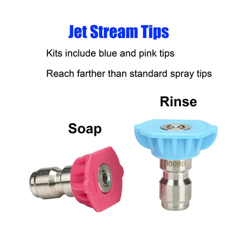Two M MINGLE pressure washer nozzle tips: pink soap tip and blue rinse tip with quick-connect 1/4-inch fittings.