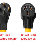 NEMA 14-50P To 10-50R Cord Adapter For 120V/240V Utility Use, 50 Amp, showing 4 prong male and 3 prong female ends.