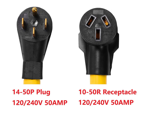NEMA 14-50P To 10-50R Cord Adapter For 120V/240V Utility Use, 50 Amp, showing 4 prong male and 3 prong female ends.