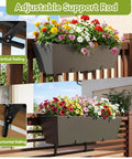 Tough As Nails Two Pack Metal Railing Planter Box 36 Inch with vibrant flowers, adjustable support rod for railings.