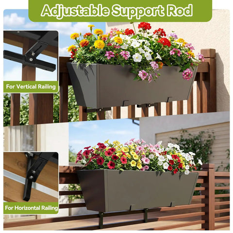 Tough As Nails Two Pack Metal Railing Planter Box 36 Inch with vibrant flowers, adjustable support rod for railings.