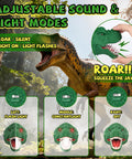 Dinosaur Headlamp For Kids With LED Flashlight Roar And Silent Modes, multiple sound and light modes displayed, forest background.