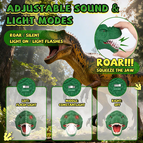 Dinosaur Headlamp For Kids With LED Flashlight Roar And Silent Modes, multiple sound and light modes displayed, forest background.