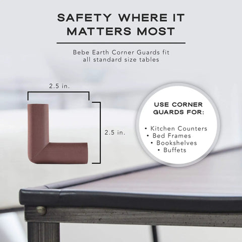 Tot Friendly Corner And Edge Guard Protector Set Includes Sixteen Pre Taped Furniture Bumpers For Tables And Counters Brown corner guard shown fitting a standard table corner.