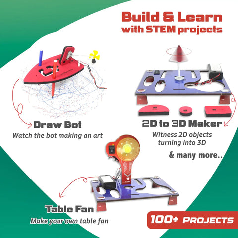 Image of 100 Plus STEM Projects Kit For Kids Ages 8 To 13 Hands On Robotics And Engineering Fun Toys with draw bot, 2D to 3D maker, and table fan.