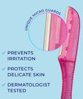 Close-up of Hydro Silk Touch Up Dermaplane Razor with precision cover, highlighting unique micro guards and benefits for skin protection.
