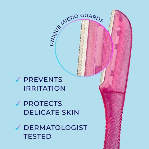 Close-up of Hydro Silk Touch Up Dermaplane Razor with precision cover, highlighting unique micro guards and benefits for skin protection.