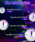 Four different size silver mirror orbs from the Twenty Piece Mini Disco Balls Set With Hanging Rope Assorted Silver Mirror Orbs In 6 4 3 2 Inch Sizes For Parties Weddings Dance Floors Reflective Lights And A Dope Retro 70s Vibe