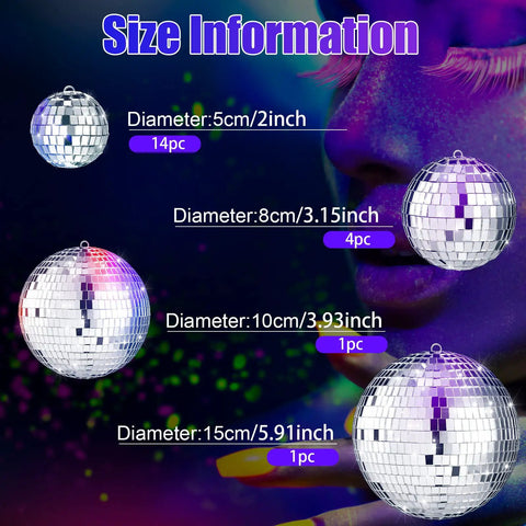 Four different size silver mirror orbs from the Twenty Piece Mini Disco Balls Set With Hanging Rope Assorted Silver Mirror Orbs In 6 4 3 2 Inch Sizes For Parties Weddings Dance Floors Reflective Lights And A Dope Retro 70s Vibe
