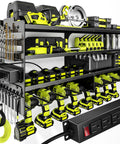 Rugged Power Tool Organizer Wall Mount With Charging Station, 4 Layer Heavy Duty Metal Tool Rack Holds 600 Lbs, 8 Cordless Drill Holders, 4 Outlet Power Strip, Battery And Accessory Shelf For Garage visible with tools and accessories.