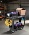 Heavy Duty Rolling Tool Cart Two Tier With Locking Casters, 500 Lb Capacity, Durable PP Construction, Mobile Workshop Organizer For Tools And Supplies, Top Shelf 31x17x4 In, Bottom Shelf 30x16x4 In, loaded in warehouse