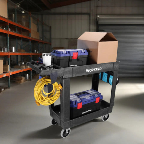Heavy Duty Rolling Tool Cart Two Tier With Locking Casters, 500 Lb Capacity, Durable PP Construction, Mobile Workshop Organizer For Tools And Supplies, Top Shelf 31x17x4 In, Bottom Shelf 30x16x4 In, loaded in warehouse
