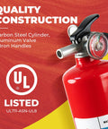 Close-up of Water Based 2.5 Lb Kitchen Fire Extinguisher UL Rated 1A 10B C 2 Pack, carbon steel with aluminum valve and iron handles