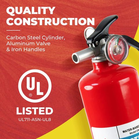 Close-up of Water Based 2.5 Lb Kitchen Fire Extinguisher UL Rated 1A 10B C 2 Pack, carbon steel with aluminum valve and iron handles