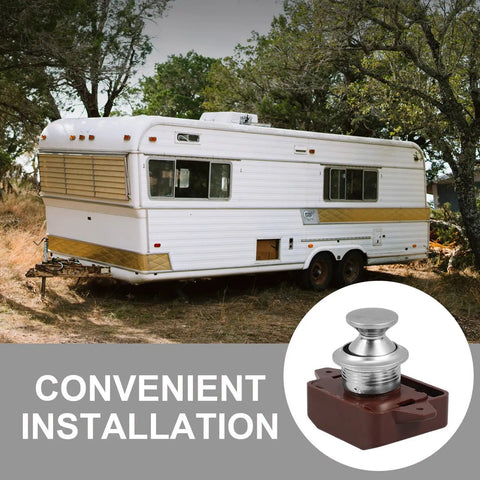 Convenient installation of 4 Pack RV Push Button Latches for cabinet doors, zinc alloy and ABS construction, shown with RV background.