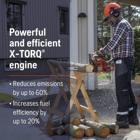Man using Lightweight Gas Chainsaw With 38cc X-Torq Engine, 16 Inch Bar, Automatic Oiler, 3/8 Pitch,.050 Gauge for cutting logs