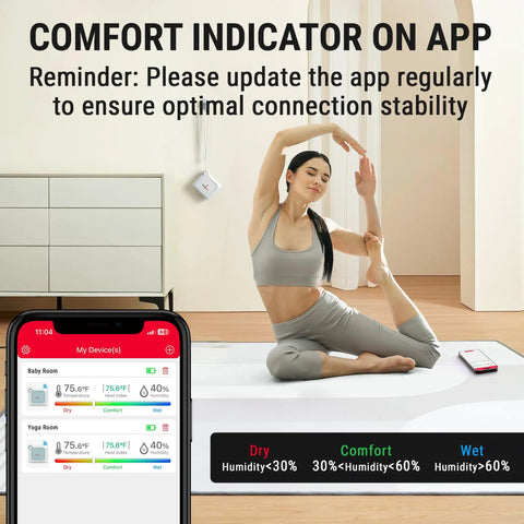 Bluetooth Thermometer Hygrometer With 260 Foot Range Easy App Pairing Wireless Temperature And Humidity Monitor For Home Office Or Garage Battery Powered Real Time Alerts Compatible With iPhone And Android in yoga room with app display