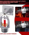 Top Shelf Pendent Fire Sprinkler Head With Sixty Eight Degree Quick Response Activation And One Half Inch Thread Connector close-up view with red trigger.