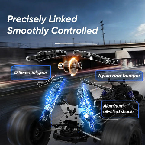 Beast Brushless RC Car showcasing differential gear, nylon rear bumper, and aluminum oil-filled shocks components.