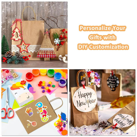 Kraft Paper Gift Bags With Handles 8x4.25x10.5 Inches Bulk Pack Of 100, decorated with DIY craft supplies for personalization.