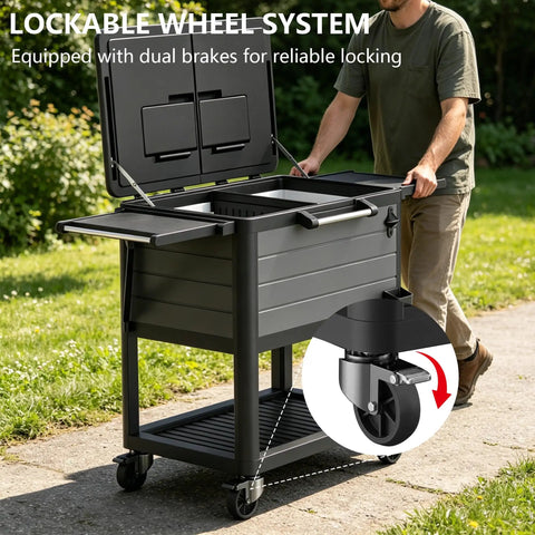 104 Quart Rolling Cooler With Wheels For Backyard Parties Outdoor Bbq Tailgates And Camping Heavy Duty Portable Ice Chest On Wheels With Easy Pull Handle Holds Up To 100 Cans And Ice Gray shown on grass path with lockable wheel system