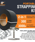 Top Notch Portable Strapping Kit With Half Inch Poly Banding Tool Three Thousand Feet Of Black Packing Seals Self Dispensing Box, showcasing strapping material and tensioner.