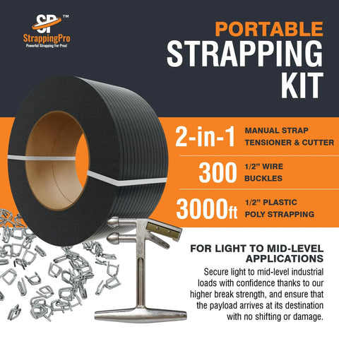 Top Notch Portable Strapping Kit With Half Inch Poly Banding Tool Three Thousand Feet Of Black Packing Seals Self Dispensing Box, showcasing strapping material and tensioner.