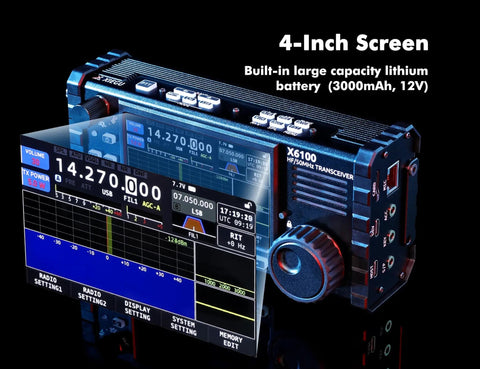 High-Performance SDR HF Transceiver With 50 MHz Coverage Full Mode Operation Built-In Battery And Auto Antenna Tuner 24-Bit Sampling Rugged Ham Radio Rig For Home Or Field showing digital display and settings on 4-inch screen.