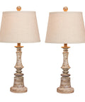 Two Piece Candlestick Resin Table Lamp Set In Cottage Antique Beige With Oatmeal Shade, 26 Inch Tall, Distressed Vintage Vibe