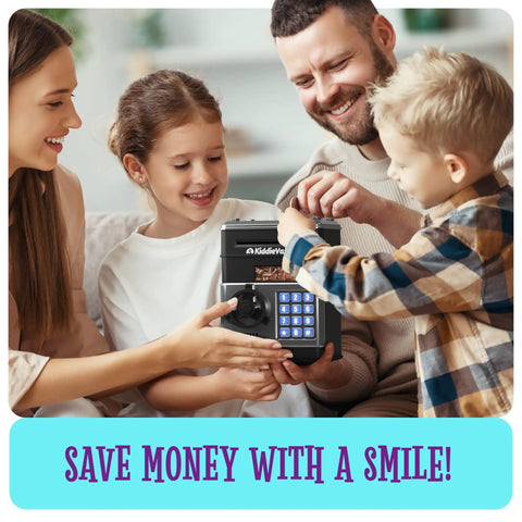 Family using Electronic Piggy Bank For Kids With Passcode Lock And ATM Style Safe A Kid Friendly Coin Bank Toy For Ages 3 To 12