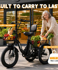 Boss Level Fat Tire Electric Tricycle For Adults With Folding Frame And Basket 1200W Peak Motor 48V 13Ah Battery 18 Inch Fat Tires Step Through Ebike Up To 65 Miles And 18 MPH Stable Comfortable Ride at grocery store with front and rear baskets