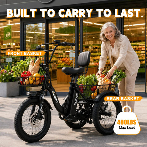 Boss Level Fat Tire Electric Tricycle For Adults With Folding Frame And Basket 1200W Peak Motor 48V 13Ah Battery 18 Inch Fat Tires Step Through Ebike Up To 65 Miles And 18 MPH Stable Comfortable Ride at grocery store with front and rear baskets
