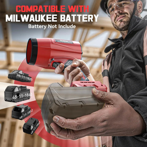 Beast Mode 800000 RPM Cordless Leaf Blower compatible with Milwaukee battery, no battery included, shown in use by person