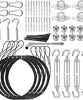 All In One 4 Pack 10 Foot Nylon Coated Stainless Steel Cable Wire Sun Shade Sail Hardware Kit With 79 Accessories For Easy Outdoor Install On Rectangle Triangle Or Square Sails In Garden Or Railings, showing full set of hardware components