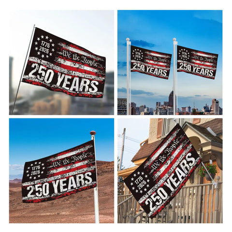 We The People 250th Anniversary USA Flag 3 by 5 Ft Outdoor Flag With 3 Layer Double Sided Print displayed outdoors in different settings.
