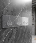 5Pc Heavy Duty Wall Mounted Storage Rack Featuring Hardcore Adhesive Hooks For Bathroom And Shower Caddy No Sweat Rent Friendly Plastic Shelf Rack Quick Grip Design, clear adhesive hooks on a marble wall.