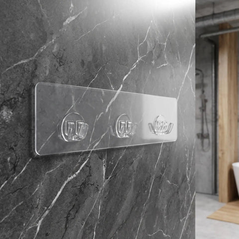 5Pc Heavy Duty Wall Mounted Storage Rack Featuring Hardcore Adhesive Hooks For Bathroom And Shower Caddy No Sweat Rent Friendly Plastic Shelf Rack Quick Grip Design, clear adhesive hooks on a marble wall.