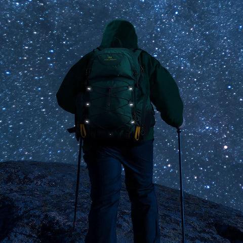 Hiker with 40L Waterproof Hiking Backpack For Outdoor Adventures Go To Ultra Lightweight Daypack under starry sky