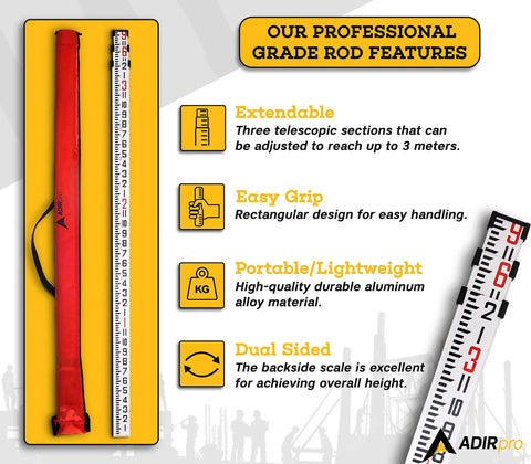 9 Foot Aluminum Telescoping Pro Grade Rod with features like dual sided sections and carrying case shown with text highlights