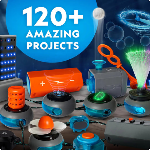 Circuit Maker Kit for Kids With 120 Plus Projects, various components and electronics STEM toy parts displayed.