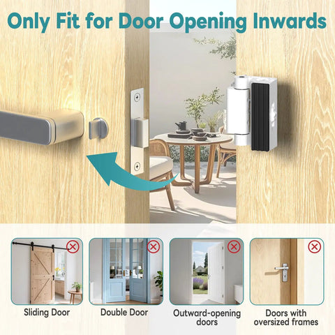 Rock Solid Door Reinforcement Security Lock For Inward Opening Doors shown on an inward opening door frame with compatibility notes.