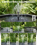 All In One Solar Pond Filter With Built In Battery Backup, 6.5W Solar Panel Pump, displaying 8 different water spraying nozzles