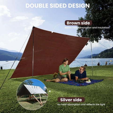 Heavy Duty Waterproof Tarp 8x10 Feet With 14 Mil Thick Tear Resistant Construction showing double sided design at lake