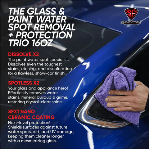 Ultimate Upgraded Paint Glass Water Spot and Stain Removers Plus Protection Coating Bundle cleaning car window.