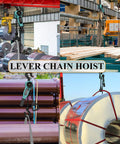 Lever Chain Hoist 1650 Lbs Capacity with G80 Chain lifting metal coils in a construction warehouse setting.