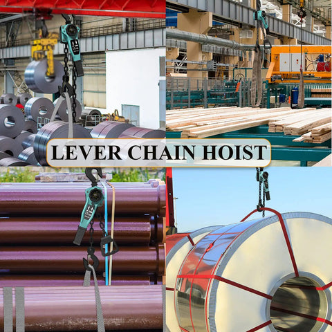 Lever Chain Hoist 1650 Lbs Capacity with G80 Chain lifting metal coils in a construction warehouse setting.