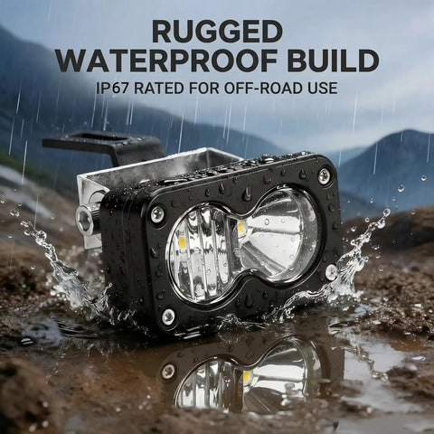 Ride-Ready Plug And Play LED Headlight Kit for Ebikes and Powersports showing waterproof build in rain, IP67 rated.