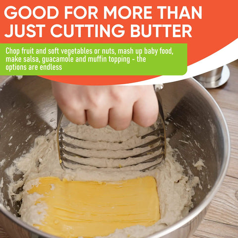 Hand using Pro Grade Dough Blender For Cutting Cold Butter Into Flour Like A Kitchen Boss With Heavy Duty Stainless Steel Blades Ideal For Pastry And Bread Dough Medium Size Black Kitchen Tool in bowl.