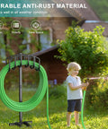 Detachable Metal Garden Hose Holder Stand with Upgraded Four Spike Design Heavy Duty Freestanding Hose Reel Rack holding green hose